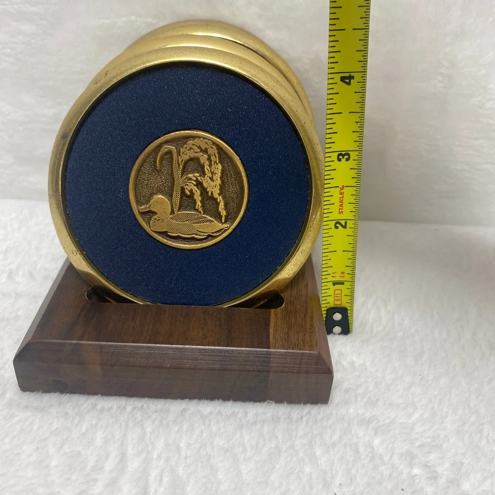Vintage Duck Coasters Brass Wood Coaster Set of 4 Wooden Holder Man Cave‎ Bar